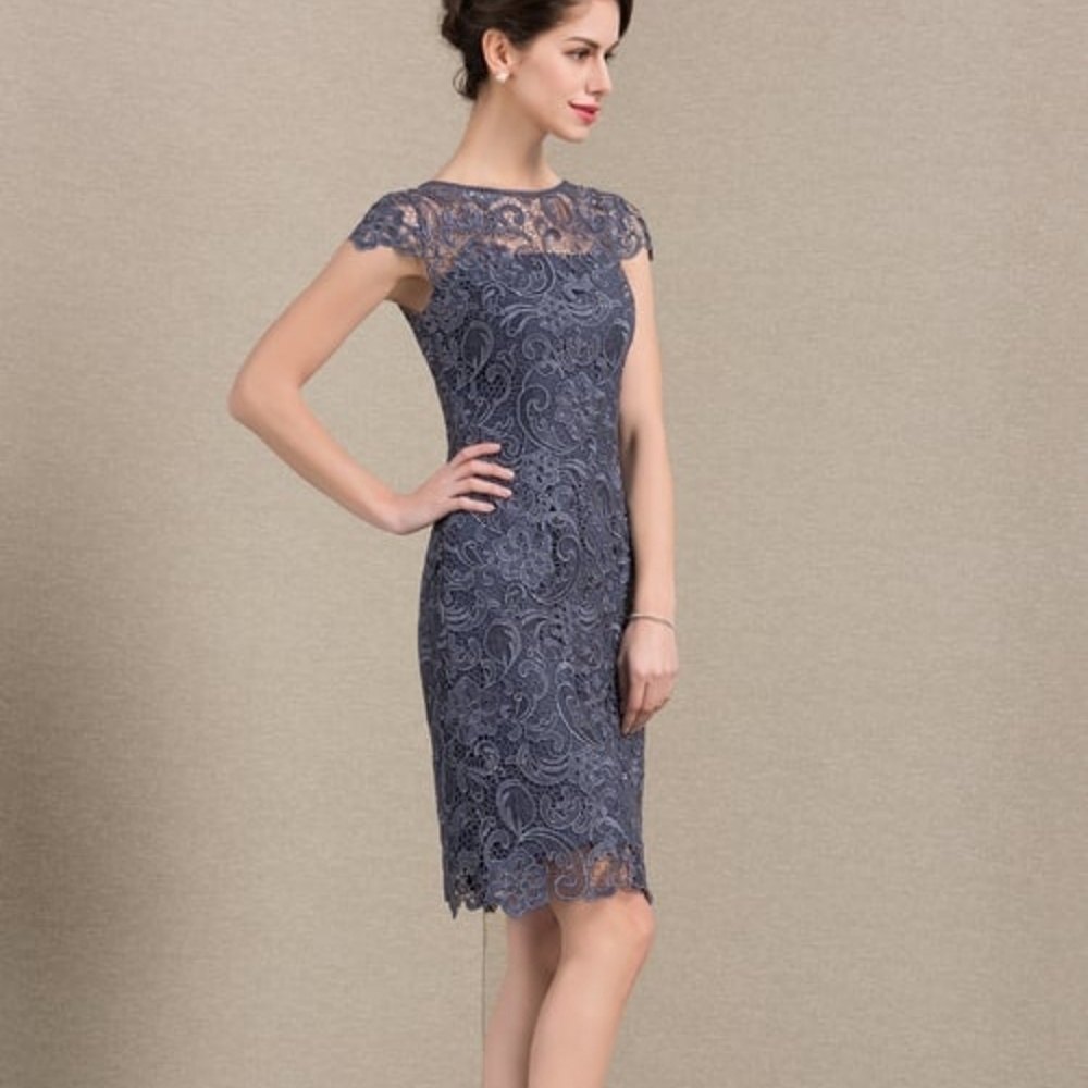 Patra Sheath Scoop Illusion Knee-Length Lace Chiffon Mother of the Bride Dress 6 - Picture 2 of 7